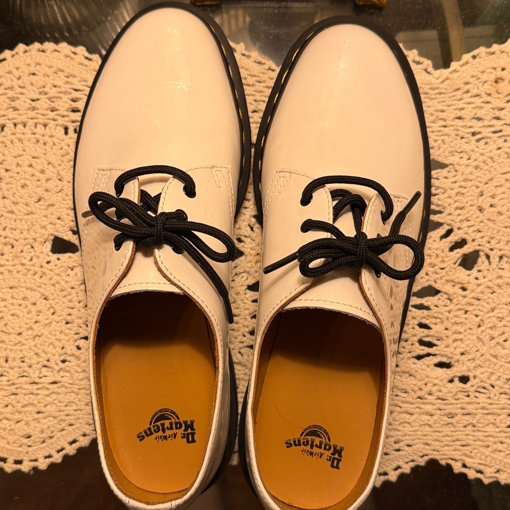 Dr. Martens White Patent Lace-Up Oxfords with Black Trim